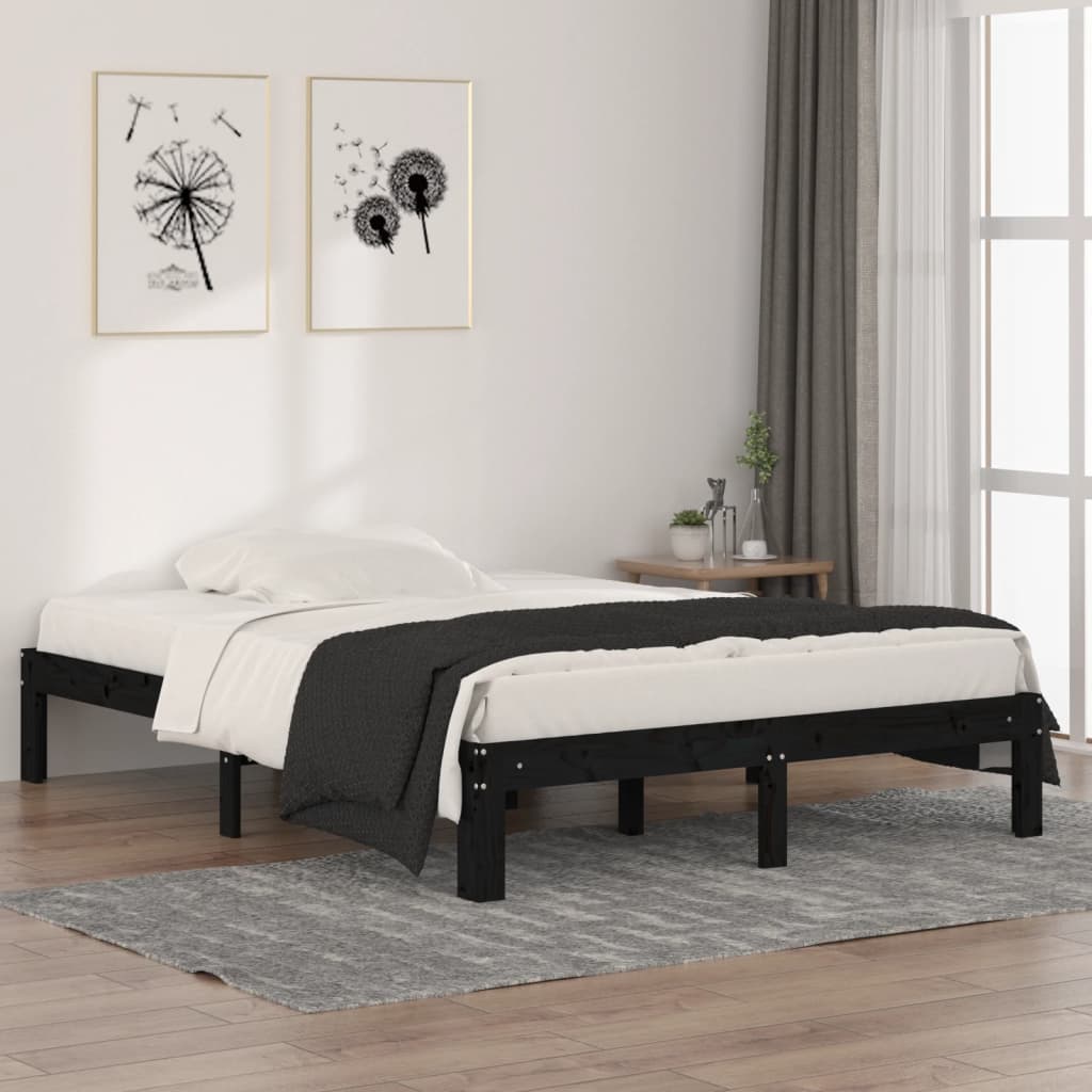 Cadre de lit Noir Bois massif 135x190 cm Double