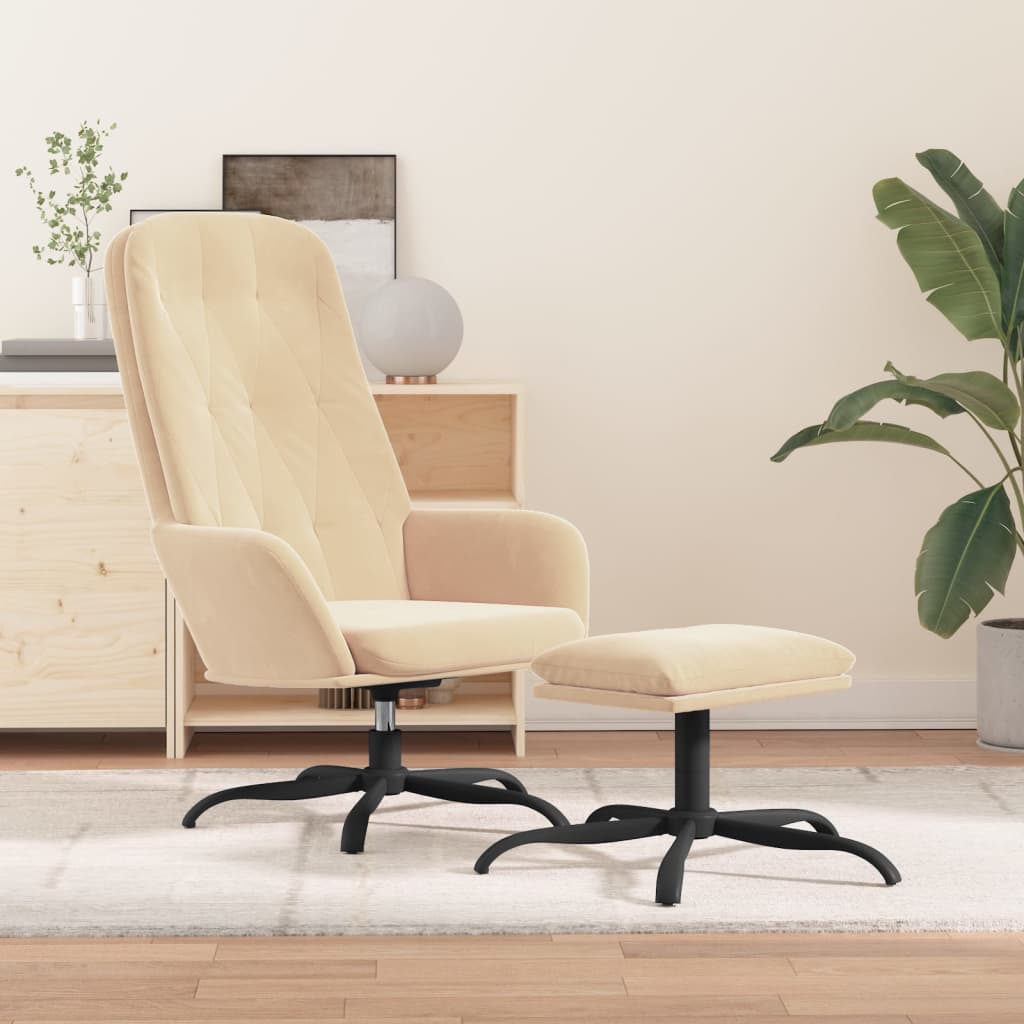 Chaise de relaxation avec repose-pied Blanc crème Velours