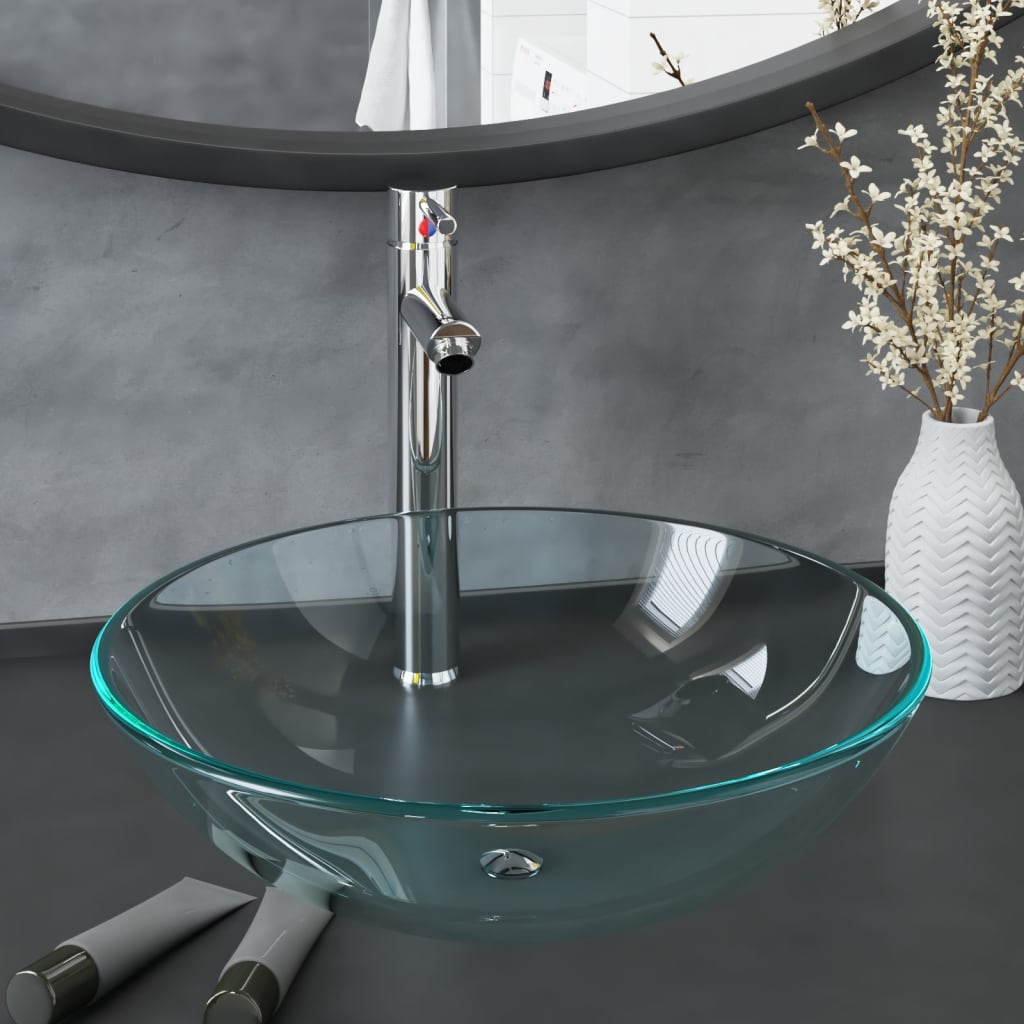 vida XL Waschbecken mit Wasserhahn und Ablaufgarnitur aus gehärtetem Klarglas