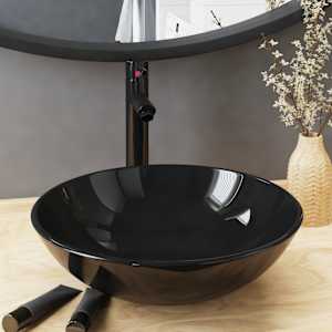 Kopalniški umivalnik s pipo in potisnim odtokom črno steklo