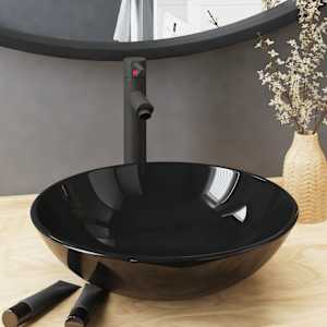 Kopalniški umivalnik s pipo in potisnim odtokom črno steklo