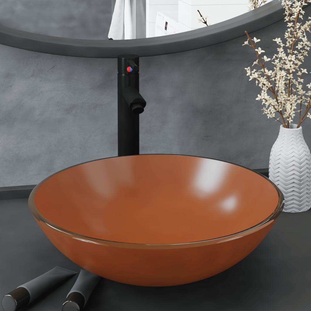 vida XL Badezimmer Waschbecken mit Wasserhahn und Ablaufgarnitur Braun Gehärtetes Glas