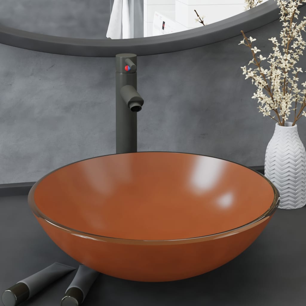 vidaXL Badezimmer Waschbecken mit Wasserhahn und Ablaufgarnitur Braun