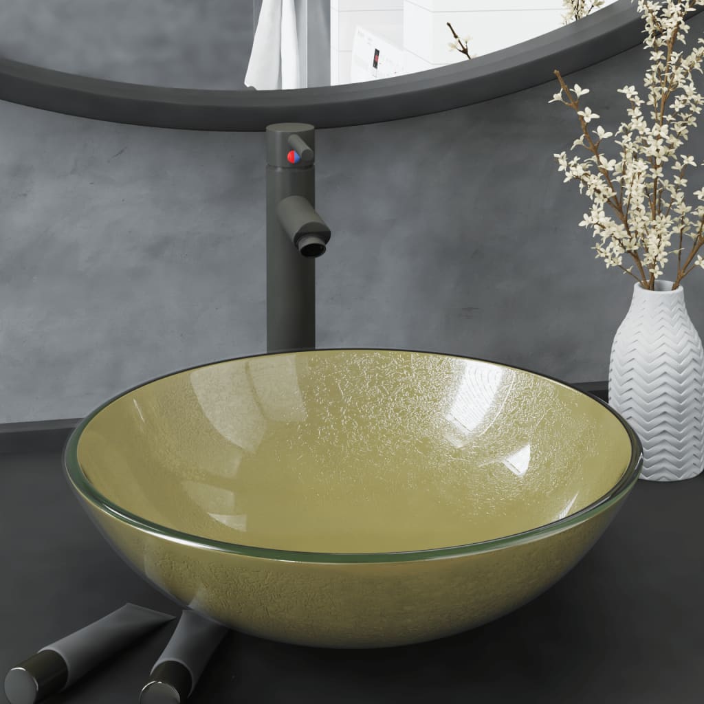 vida XL Badezimmer Waschbecken mit Wasserhahn und Ablaufgarnitur Gold gehärtetes Glas