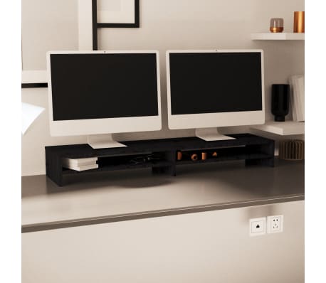 vidaXL monitora paliktnis, melns, 100x24x13 cm, priedes masīvkoks