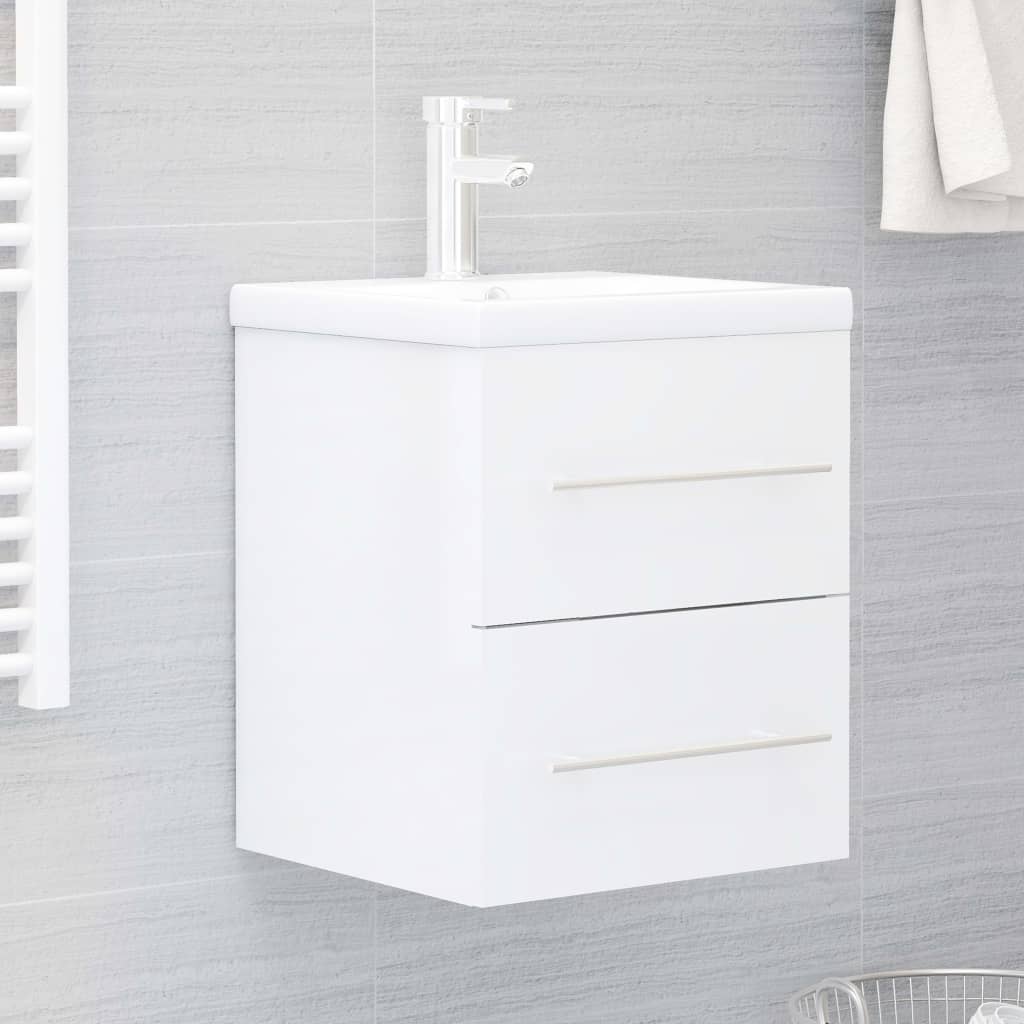 Magasfényű fehér forgácslap mosdószekrény beépített mosdóval 