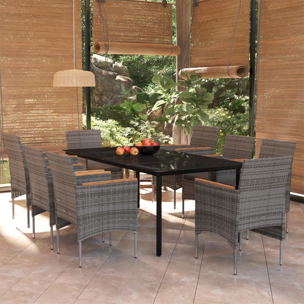 vida XL 9-tlg. Garten-Essgruppe mit Kissen Grau und Schwarz