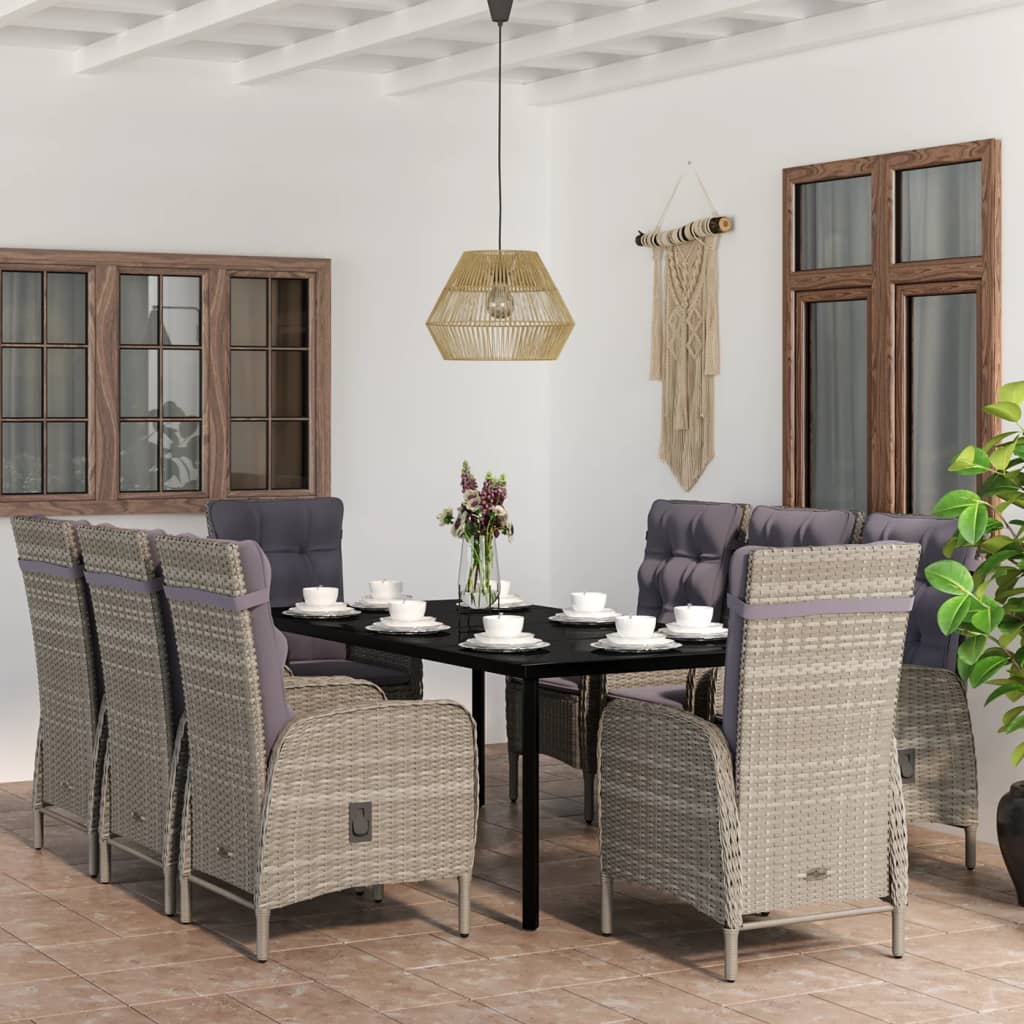 vida XL 9-tlg. Garten-Essgruppe mit Auflagen Grau und Schwarz