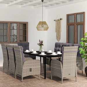 Vrtna jedilna garnitura 9-delna z blazinami siva in črna