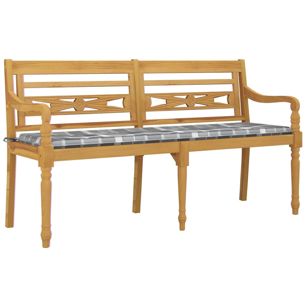 Thumbnail - vidaXL Batavia-Bank mit Kissen Grau Karomuster 150 cm Massivholz Teak