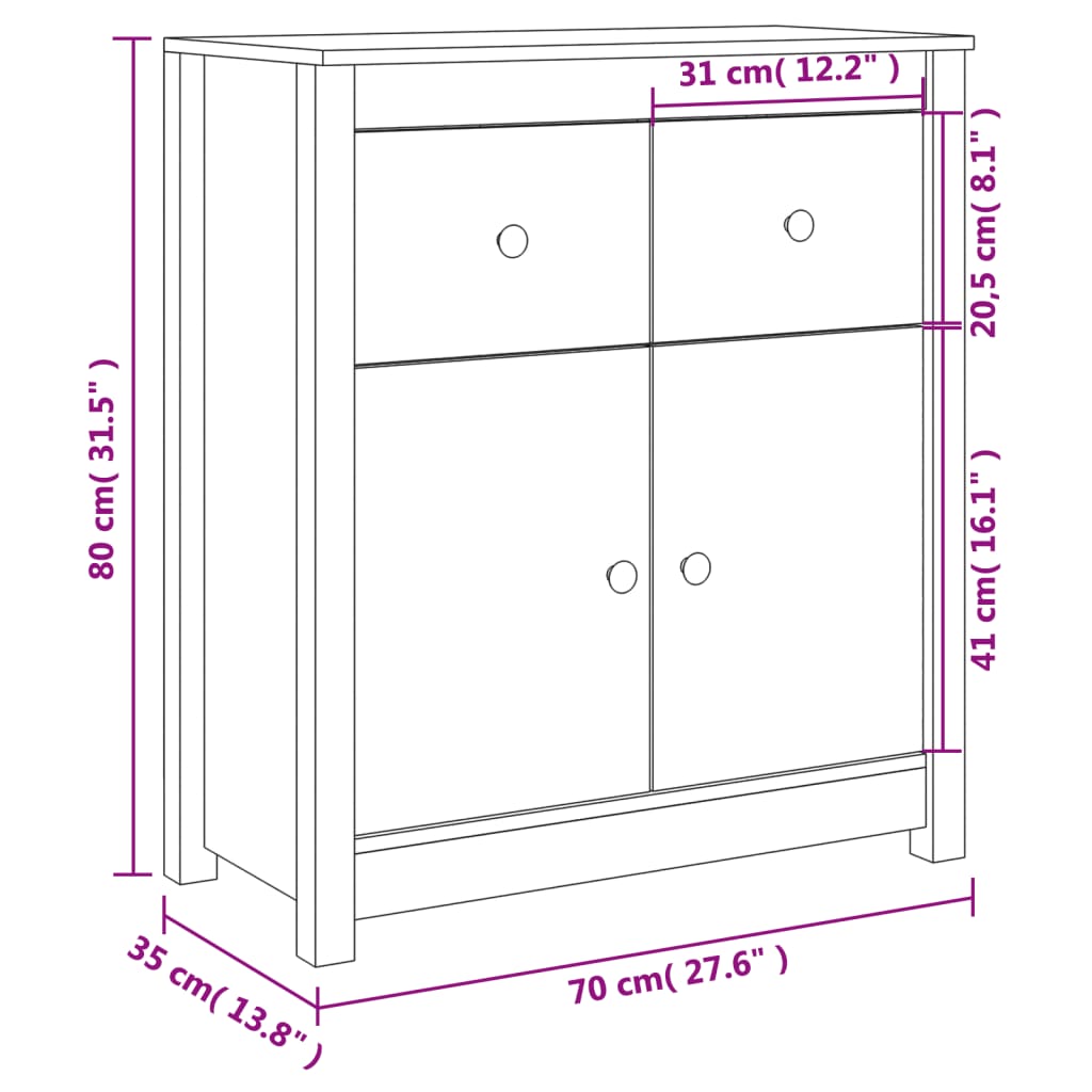 Servantă, alb, 70x35x80 cm, lemn masiv de pin