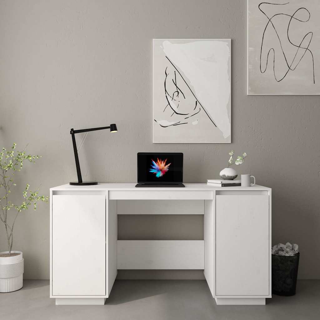 vidaXL Biurko, bia�e, 140x50x75 cm, lite drewno sosnowe