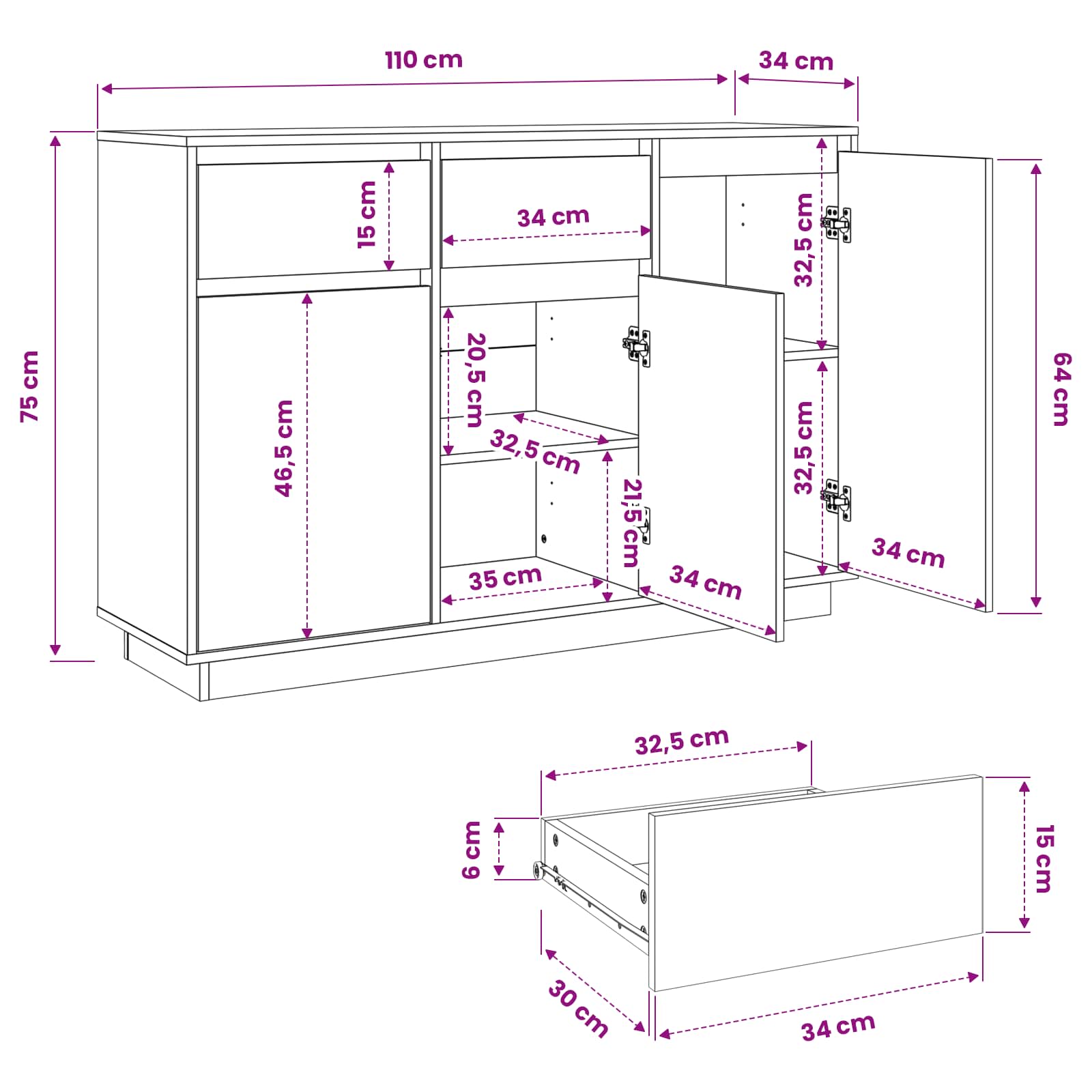 Sideboard Solid Wood Pine size guide
