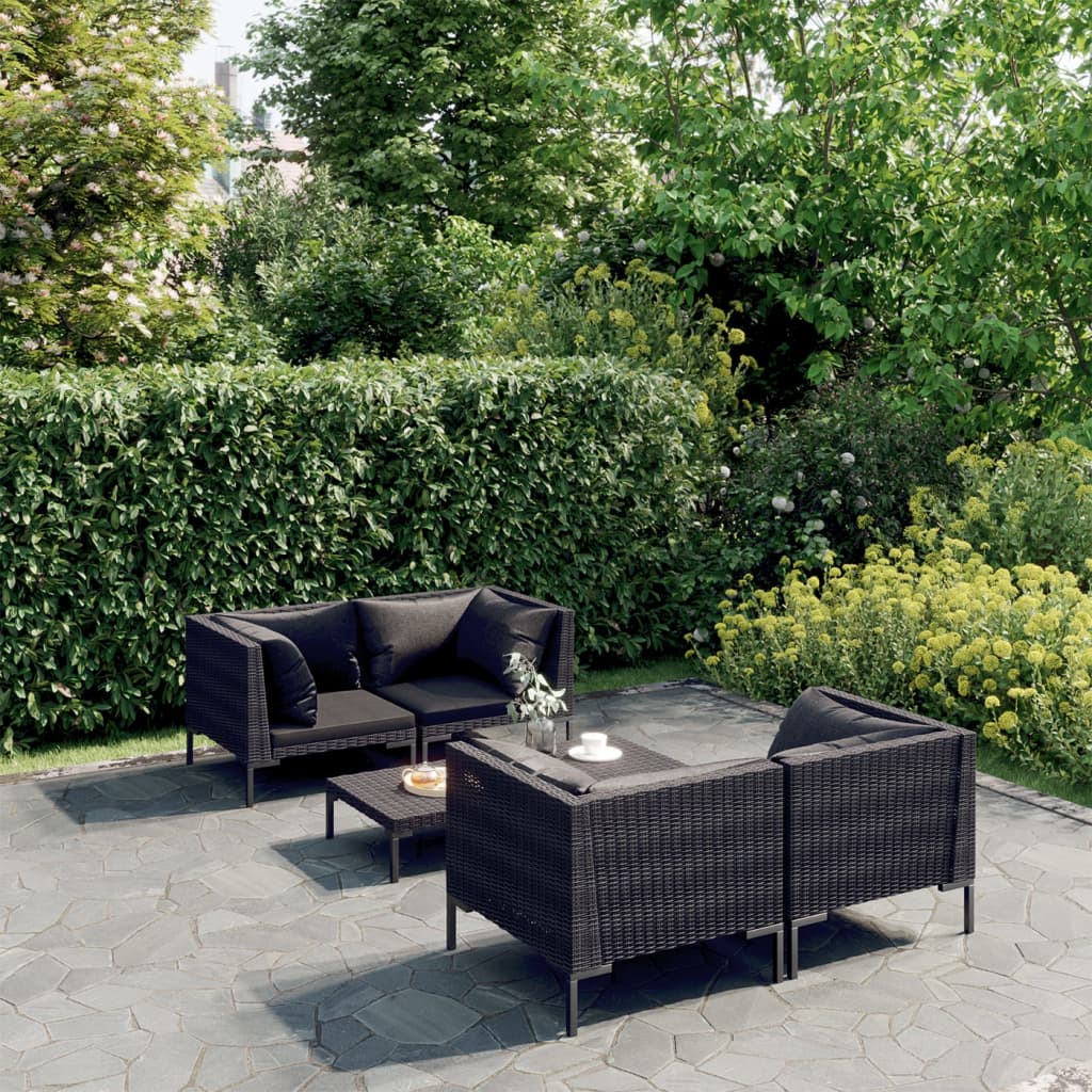 vidaXL 5-tlg. Garten-Lounge-Set mit Kissen Poly Rattan Dunkelgrau