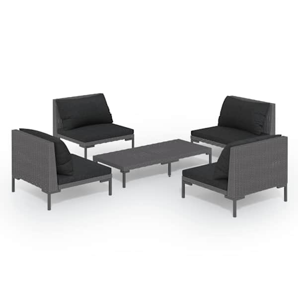 vidaXL 5-osaline aiam&ouml;&ouml;blikomplekt patjadega, pol&uuml;rotang, tumehall
