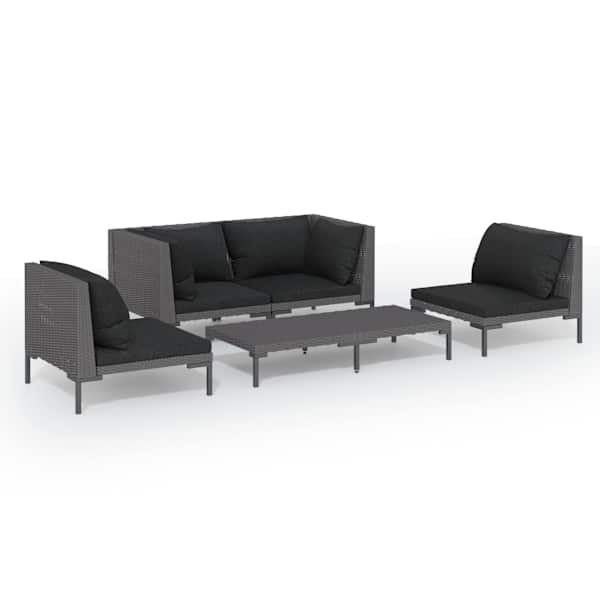 vidaXL 5-osaline aiam&ouml;&ouml;blikomplekt patjadega, pol&uuml;rotang, tumehall