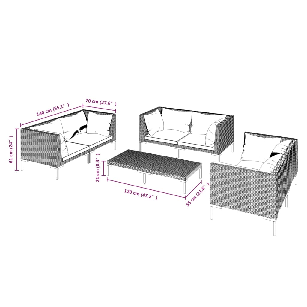 Trendy 6 Piece Poly Rattan Patio Lounge Set with Cushions vidaXL - Picture 18 of 83