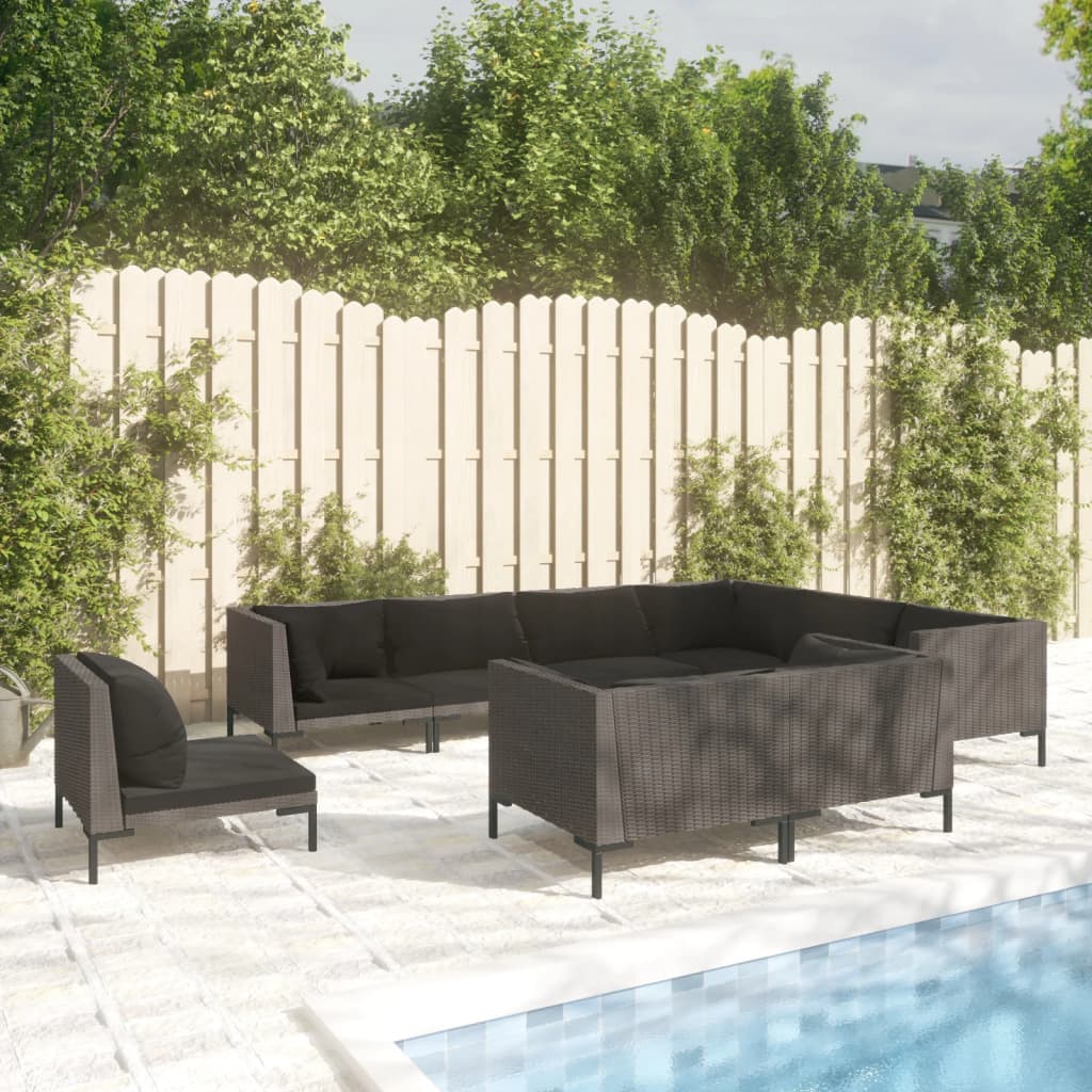vida XL 9-tlg. Garten-Lounge-Set mit Auflagen Poly Rattan Dunkelgrau