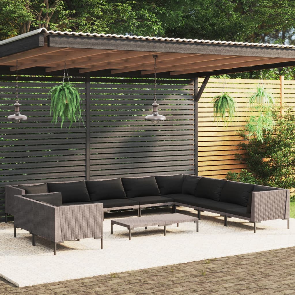 11-tlg. Garten-Lounge-Set mit Auflagen Poly Rattan Dunkelgrau kaufen