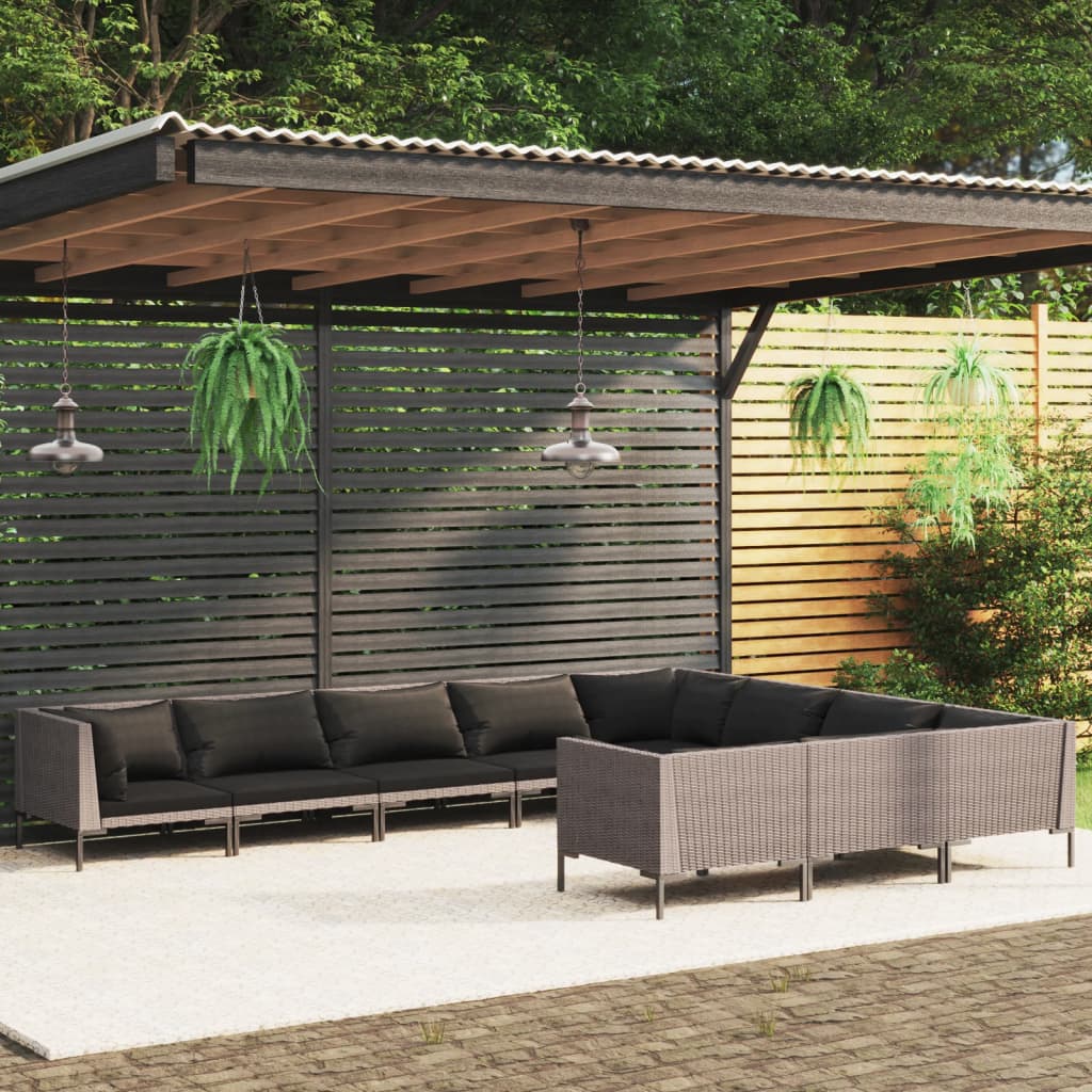 vida XL 10-tlg. Garten-Lounge-Set mit Auflagen Poly Rattan Dunkelgrau