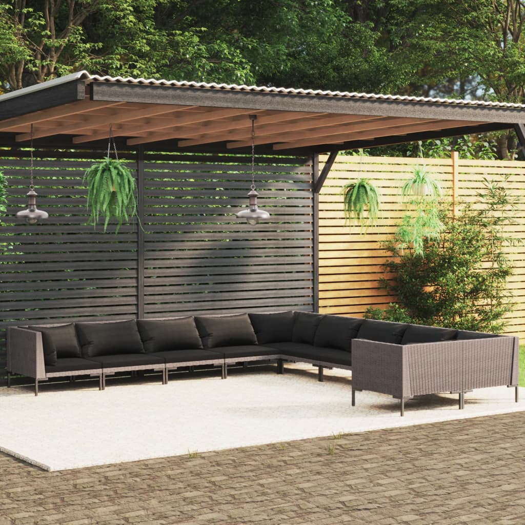 vidaXL Salon de jardin 10 pcs avec coussins Résine tressée Gris foncé