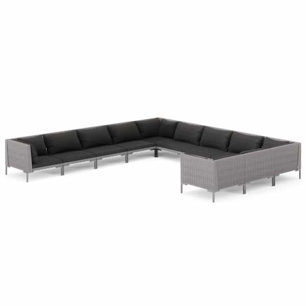 vidaXL 11-osaline aiam&ouml;&ouml;blikomplekt patjadega, pol&uuml;rotang, tumehall