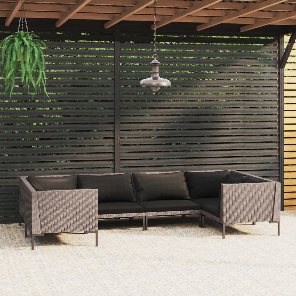 vidaXL 6-tlg. Garten-Lounge-Set mit Kissen Poly Rattan Dunkelgrau