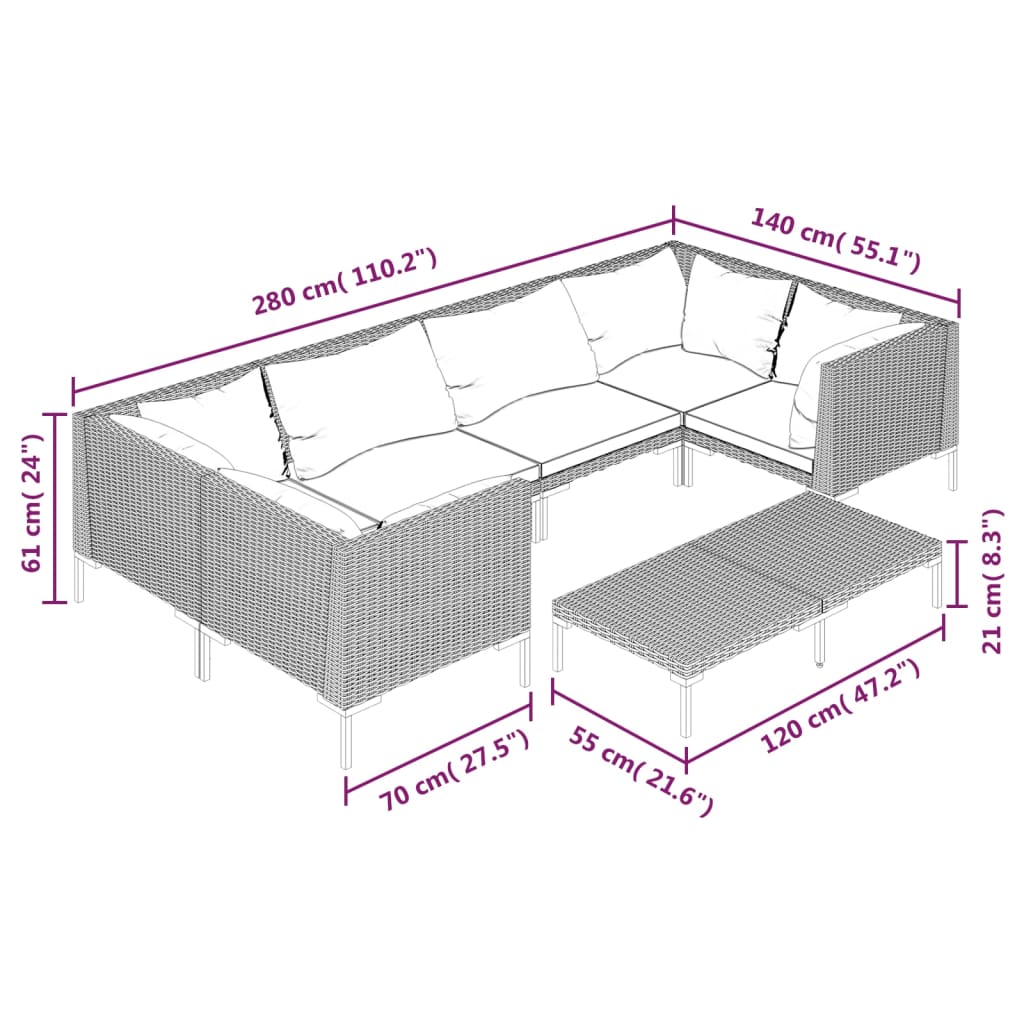 Set mobilier de grădină cu perne, 7 piese,gri închis, poliratan