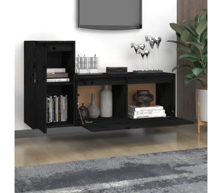 vidaXL Televizoriaus spintelės, 2vnt., juodos, pušies medienos masyvas