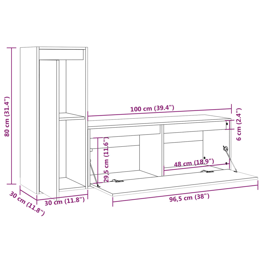 Klasyczna szafka TV biała 100x30x35 cm i 30x30x80 cm