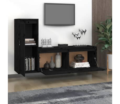 vidaXL Televizoriaus spintelės, 2vnt., juodos, pušies medienos masyvas