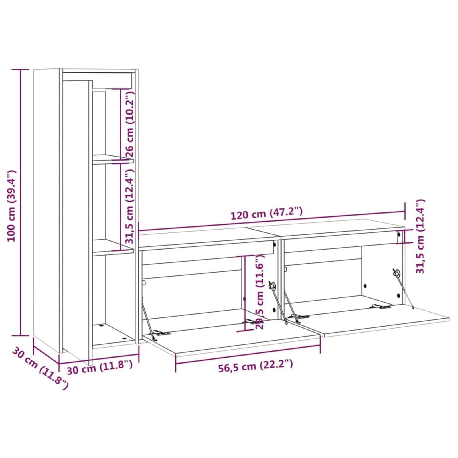 3 Piece TV Cabinet Set Solid Wood Pine size guide