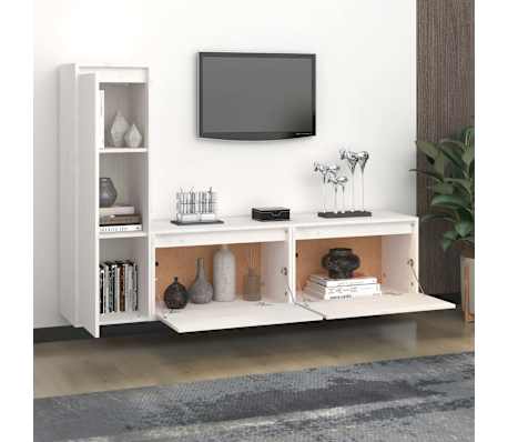 vidaXL Comode TV, 3 buc., alb, lemn masiv de pin