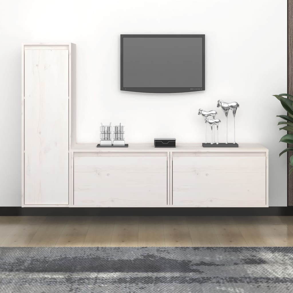 vidaXL Szafki pod TV, 3 szt., biae, lite drewno sosnowe