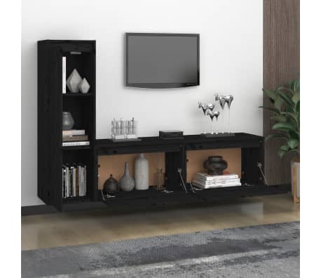 vidaXL TV Stands 3 pcs Black Solid Wood Pine