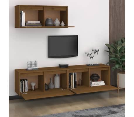 vidaXL Televizoriaus spintelės, 3vnt., medaus rudos, pu&scaron;ies masyvas