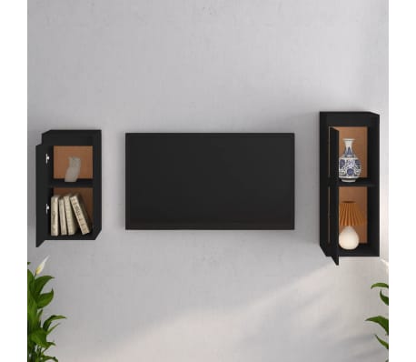 vidaXL TV Cabinets 2 pcs Black Solid Wood Pine