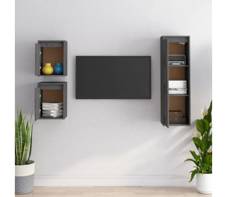 vidaXL Televizoriaus spintelės, 3vnt., pilkos, pušies medienos masyvas