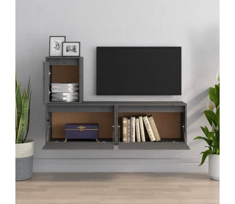 vidaXL Televizoriaus spintelės, 3vnt., pilkos, pušies medienos masyvas