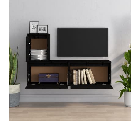 vidaXL Televizoriaus spintelės, 3vnt., juodos, pu&scaron;ies medienos masyvas