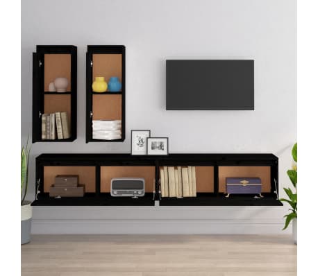 vidaXL Televizoriaus spintelės, 4vnt., juodos, pu&scaron;ies medienos masyvas