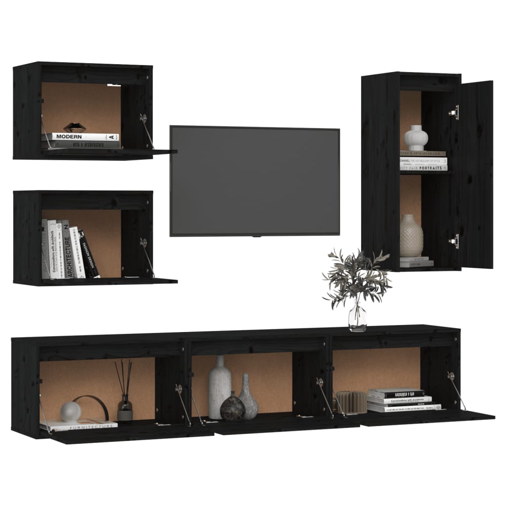 Televizoriaus spintelės, 6vnt., juodos, pušies medienos masyvas | Stepinfit.lt