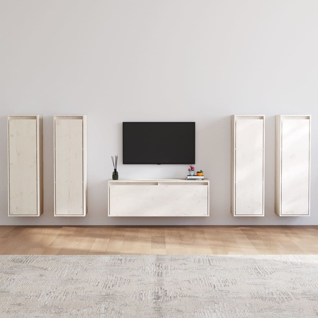vidaXL Szafki pod TV, 5 szt., bia�e, lite drewno sosnowe
