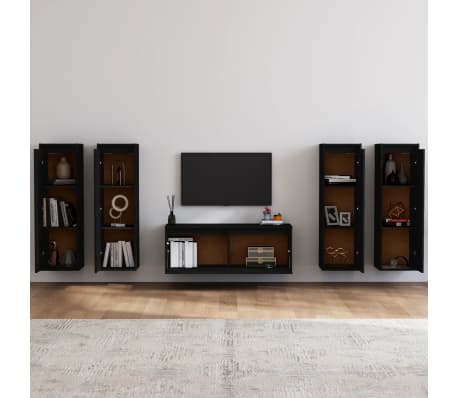 vidaXL Televizoriaus spintelės, 5vnt., juodos, pu&scaron;ies medienos masyvas