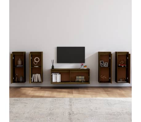 vidaXL Televizoriaus spintelės, 5vnt., medaus rudos, pušies masyvas