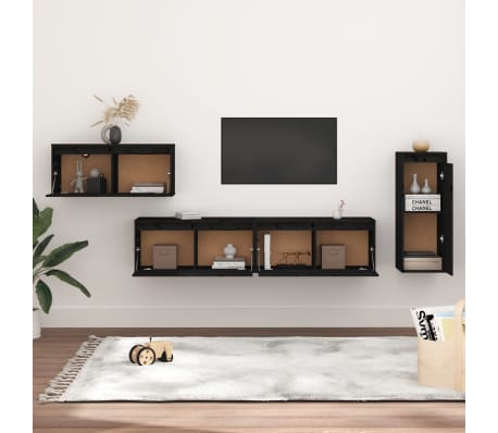 vidaXL M&oacute;veis de TV 4 pcs madeira de pinho maci&ccedil;a preto