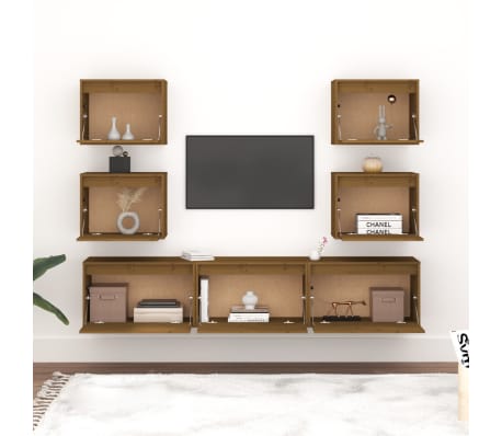 vidaXL Televizoriaus spintelės, 7vnt., medaus rudos, pu&scaron;ies masyvas