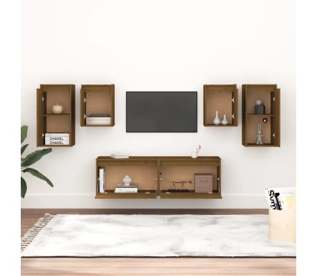 vidaXL Televizoriaus spintelės, 6vnt., medaus rudos, pu&scaron;ies masyvas