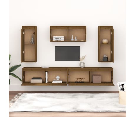 vidaXL Televizoriaus spintelės, 5vnt., medaus rudos, pu&scaron;ies masyvas