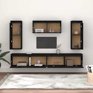 vidaXL Televizoriaus spintelės, 5vnt., juodos, pu&scaron;ies medienos masyvas